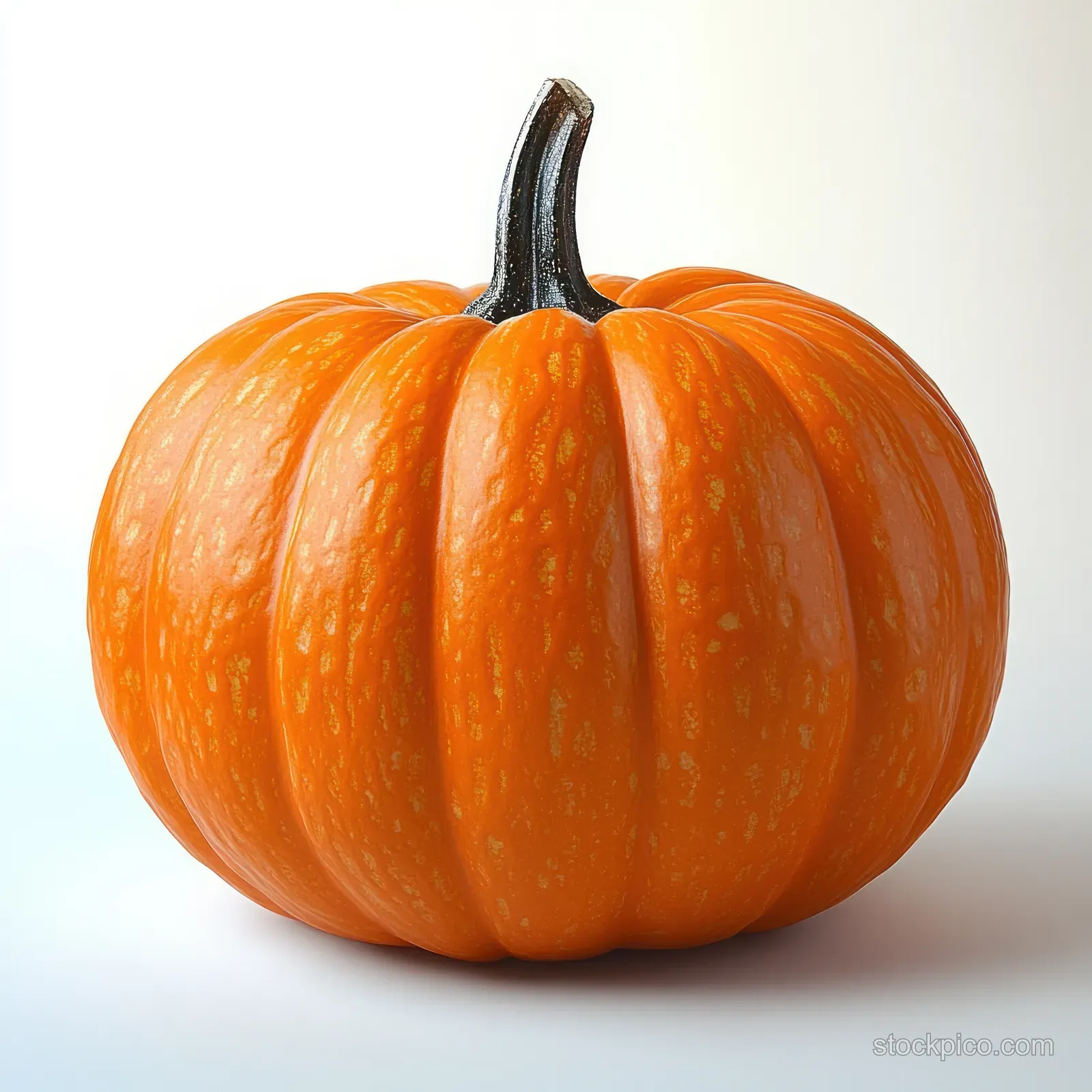 Centered orange pumpkin with dark stem on a soft white background, showing glossy ribs.