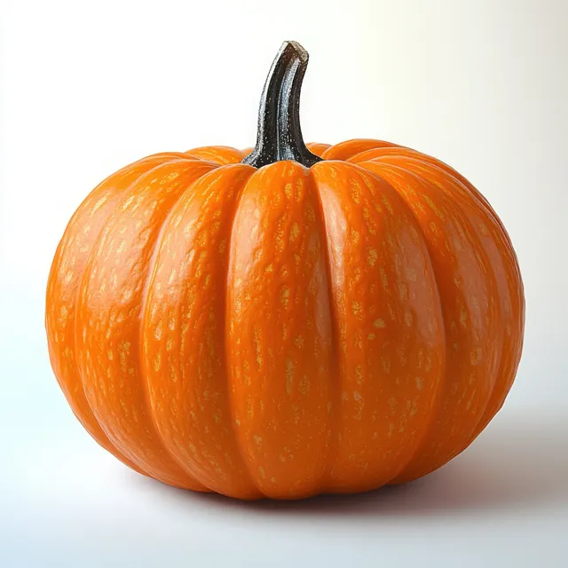Orange pumpkin with stem centered on soft white background, Halloween autumn decor closeup