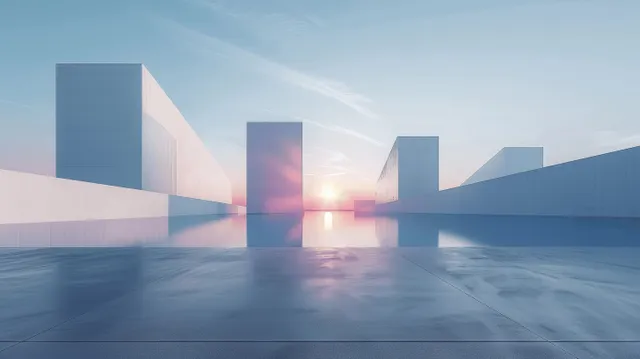 Futuristic glass towers rising behind empty concrete forecourt with reflective light at horizon