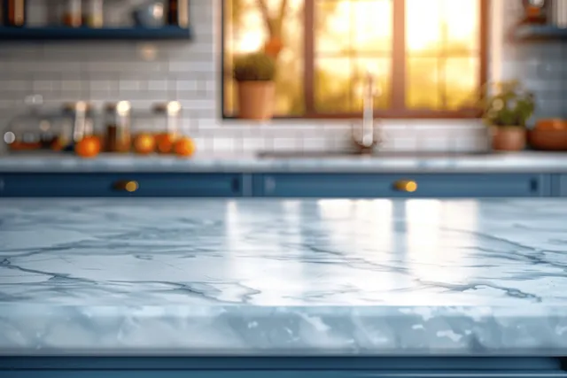 Empty blue and white kitchen countertop with marble pattern in the foreground and blurred window light behind.