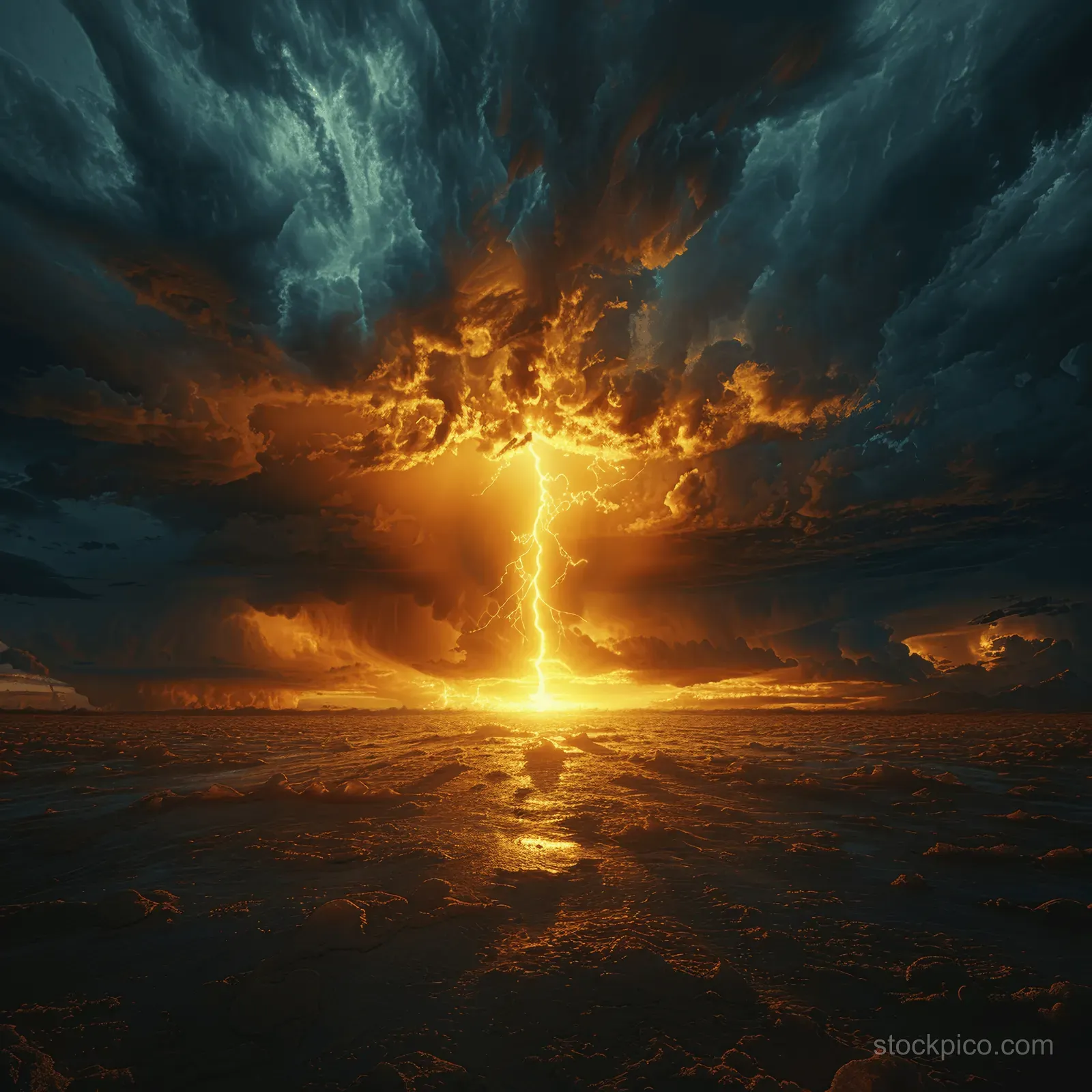 A lightning bolt strikes the ground during a thunderstorm, illuminating the dark cloud-filled sky and landscape.
