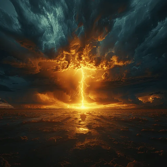 A lightning bolt strikes the ground during a thunderstorm, illuminating the dark cloud-filled sky and landscape.