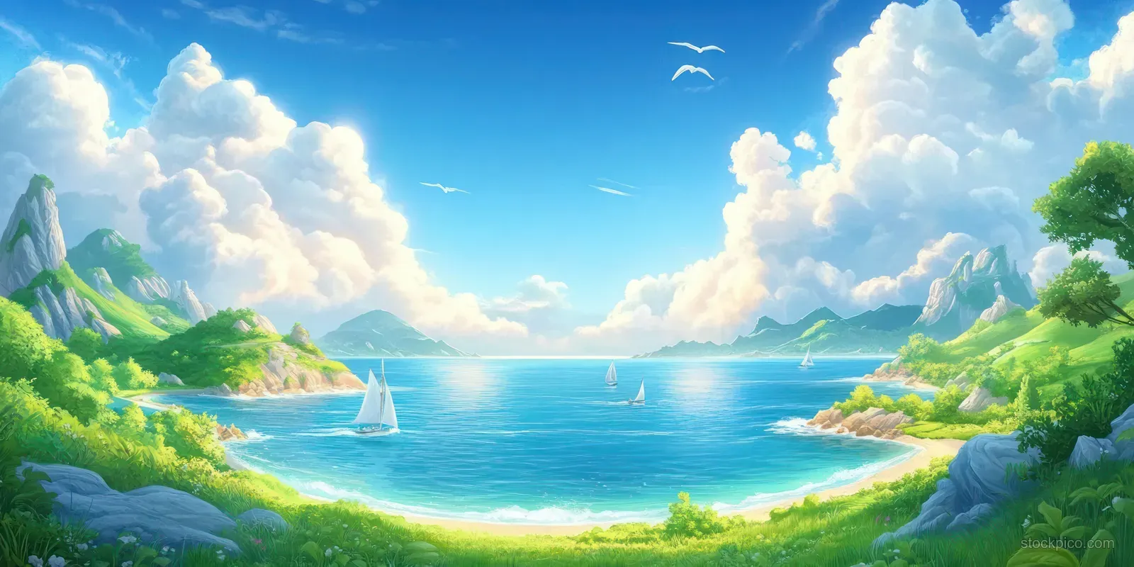 Cartoon seaside landscape with sailboats, green hills, and bright clouds over a blue bay.