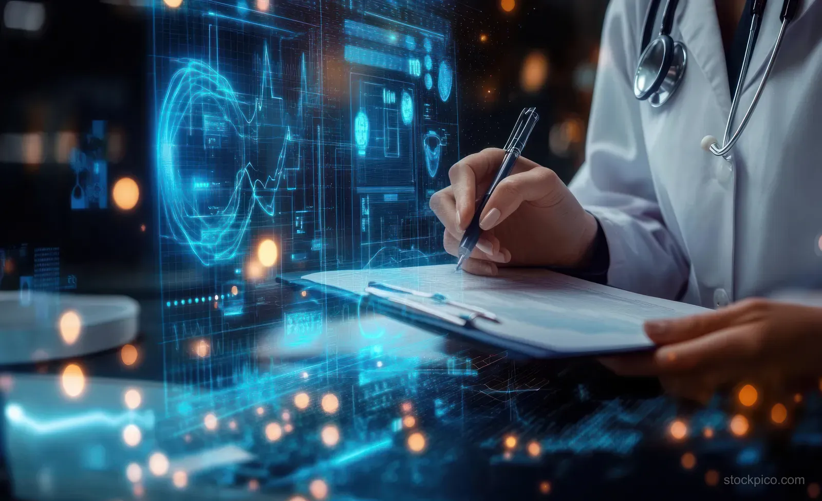 A doctor writes beside a monitor as holographic brain charts glow in a cyberpunk medical office.