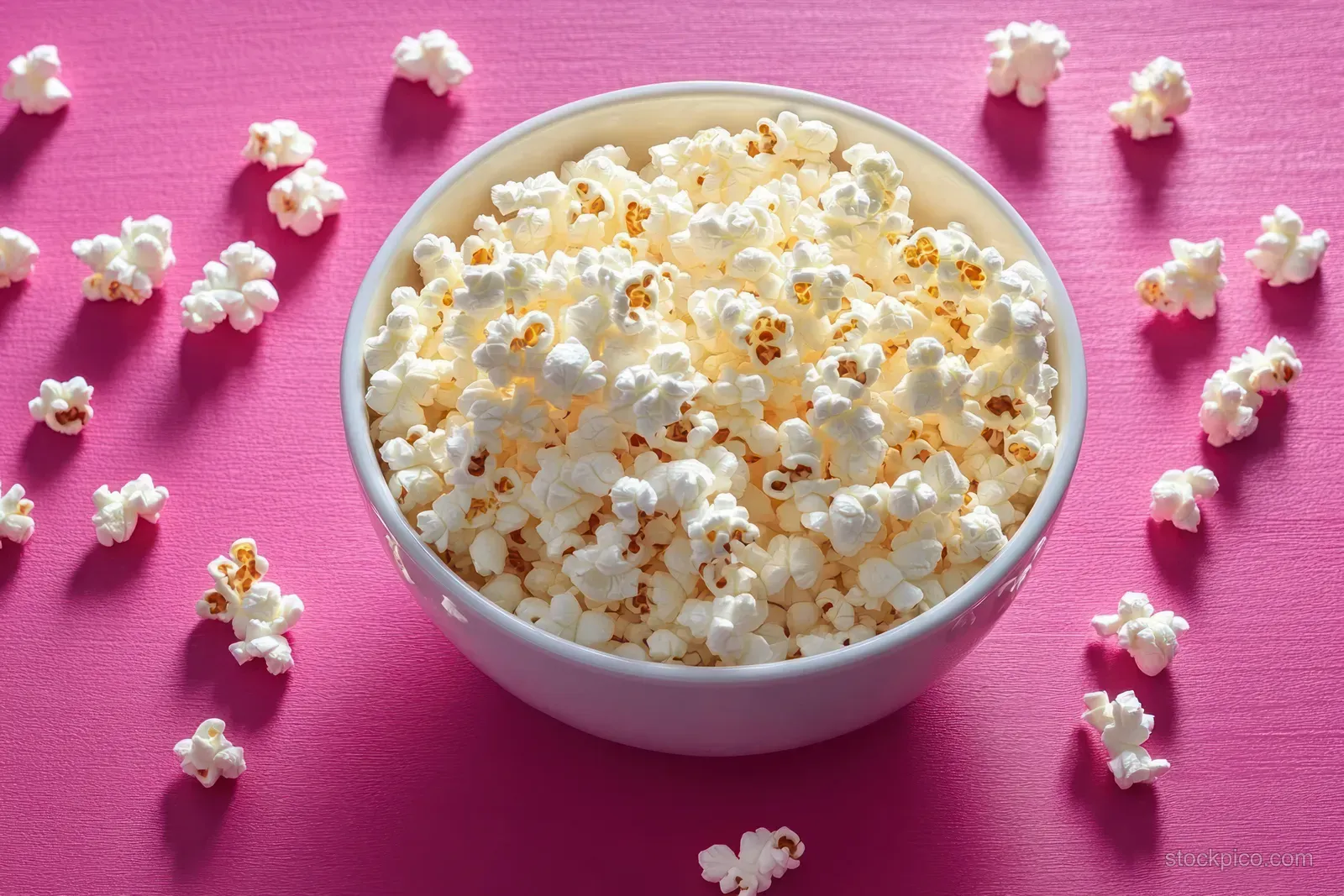 A white bowl of freshly popped popcorn on a vibrant pink background with scattered kernels around it.