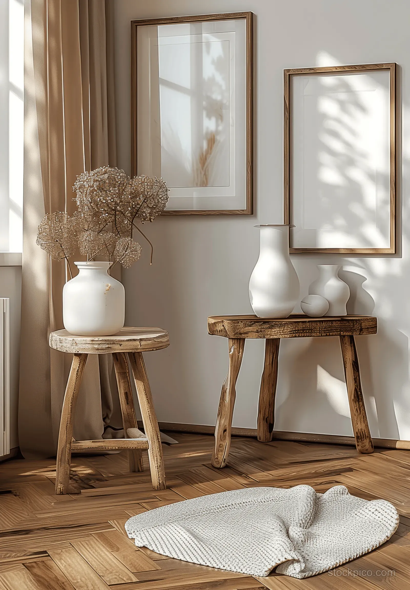 Empty wooden picture frames lean on a floor beside a small stool and side table in a Scandinavian room.