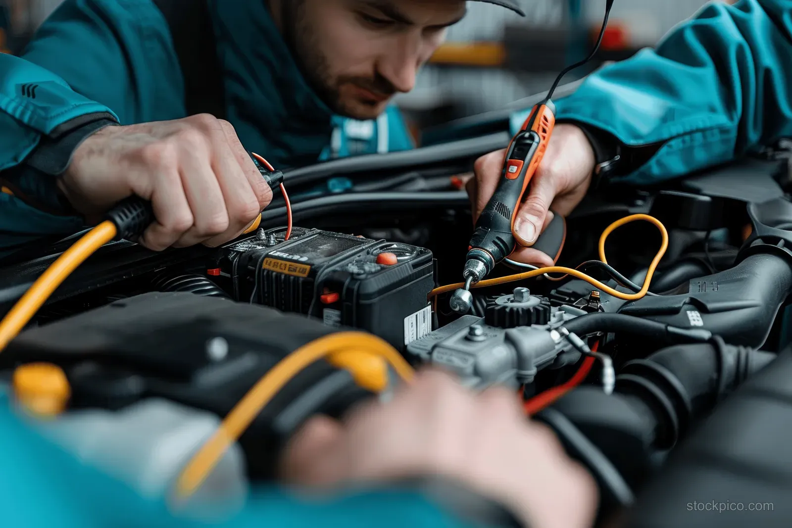 Mechanic checks car battery terminals with multimeter probes in a workshop engine bay.
