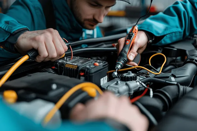 Mechanic checks car battery terminals with multimeter probes in a workshop engine bay.