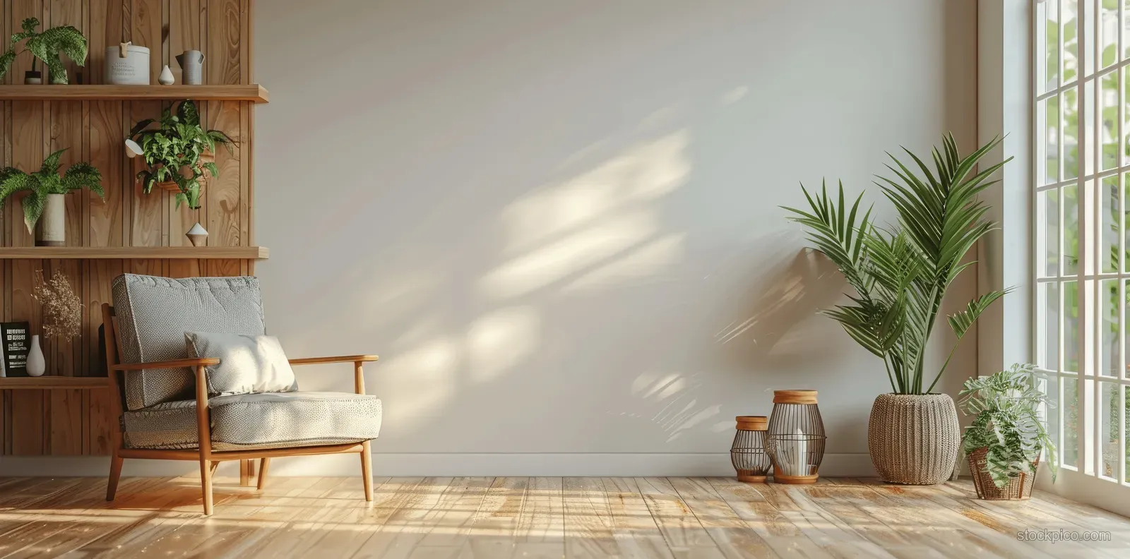 Sunlit Scandinavian living room corner with an armchair, wooden shelf planters, and potted plants near a tall window.