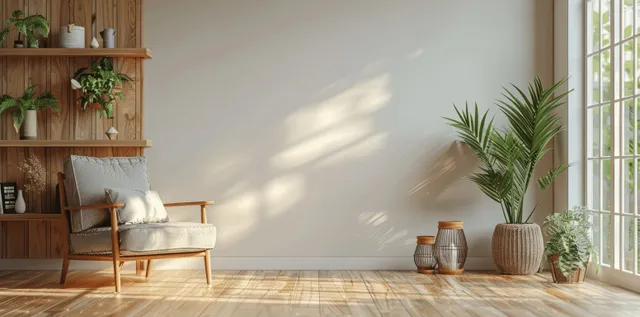 Sunlit Scandinavian living room corner with an armchair, wooden shelf planters, and potted plants near a tall window.