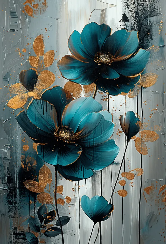 Flores abstractas en verde azulado y negro con detalles de pan de oro sobre un fondo gris con textura.