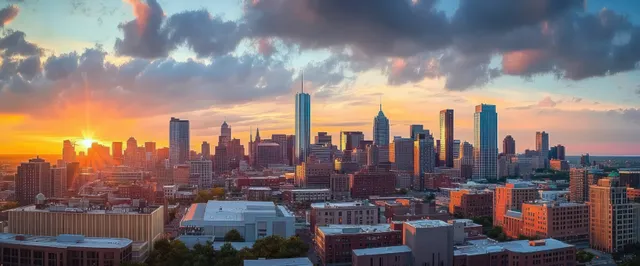 Sunset city skyline with skyscrapers and dramatic clouds over an urban downtown horizon
