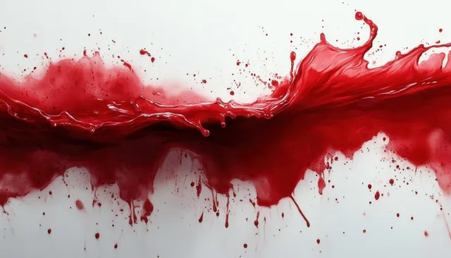 Red liquid ink splash spreads across a white canvas with splatters and long dripping streaks.