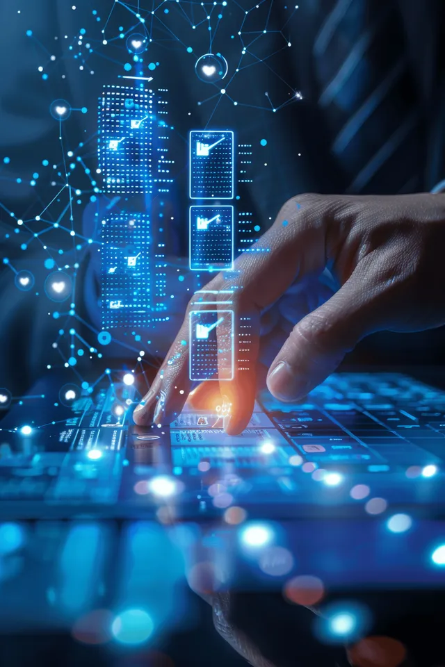 A hand taps glowing digital document screens with approval icons across a networked interface.