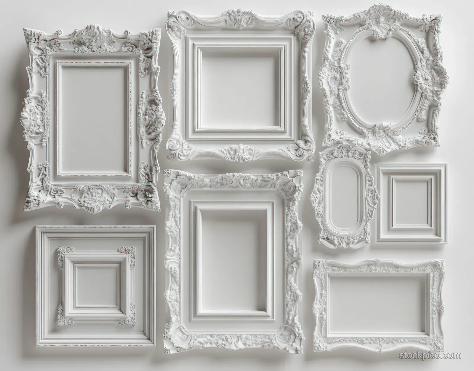 Multiple minimalist white wooden picture frames with empty interiors arranged in a grid on a white background.