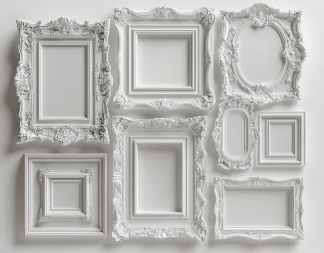 Minimalist white wooden picture frames arranged grid on bright white background