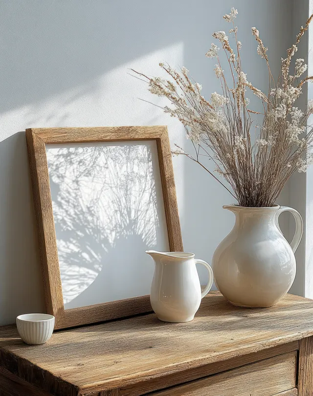 White pitcher and small vase sit on a rustic wooden table beside a wooden-framed picture in warm window light.