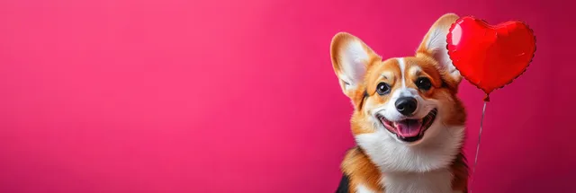 A corgi dog holds a red heart balloon on a bright pink Valentine banner background.