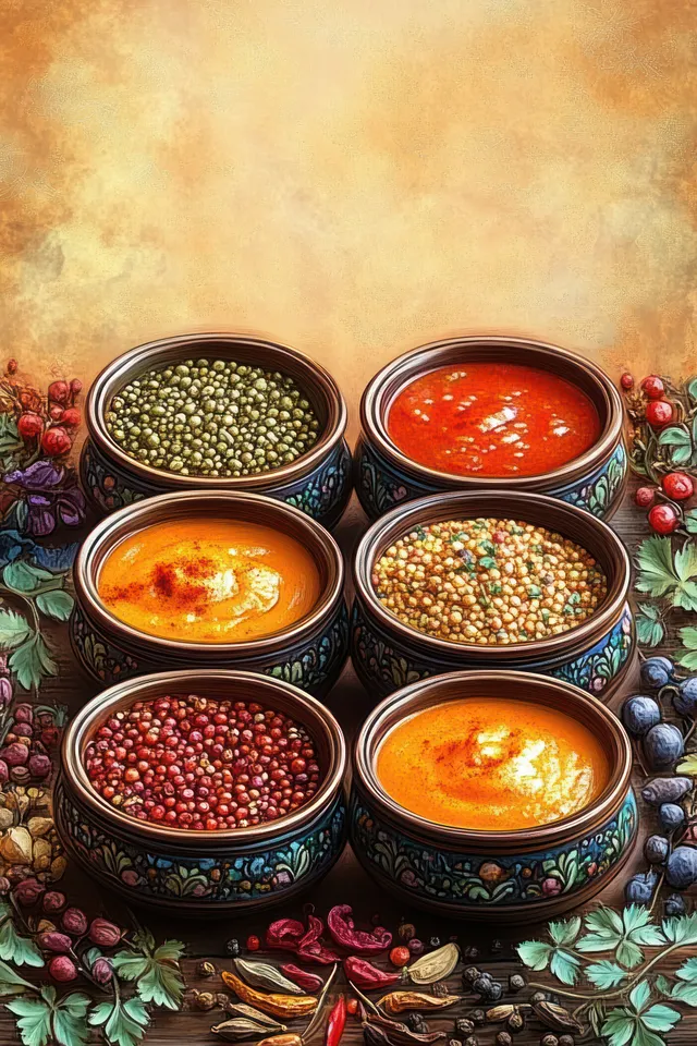Six small bowls of colorful spices and sauces with herbs and peppercorns arranged on a rustic backdrop.