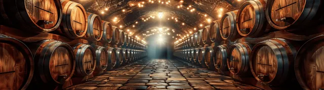 Underground tunnel lined with wooden beer barrels, lit by hanging lamps and leading to a bright passage.