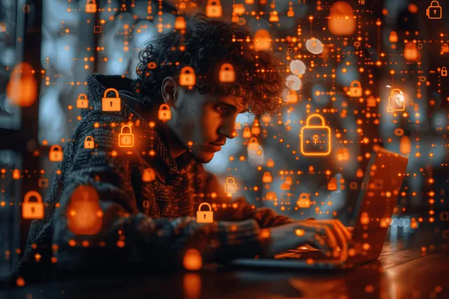 A young man uses a smartphone and laptop with padlock and security icons projected over the screens in a home office.