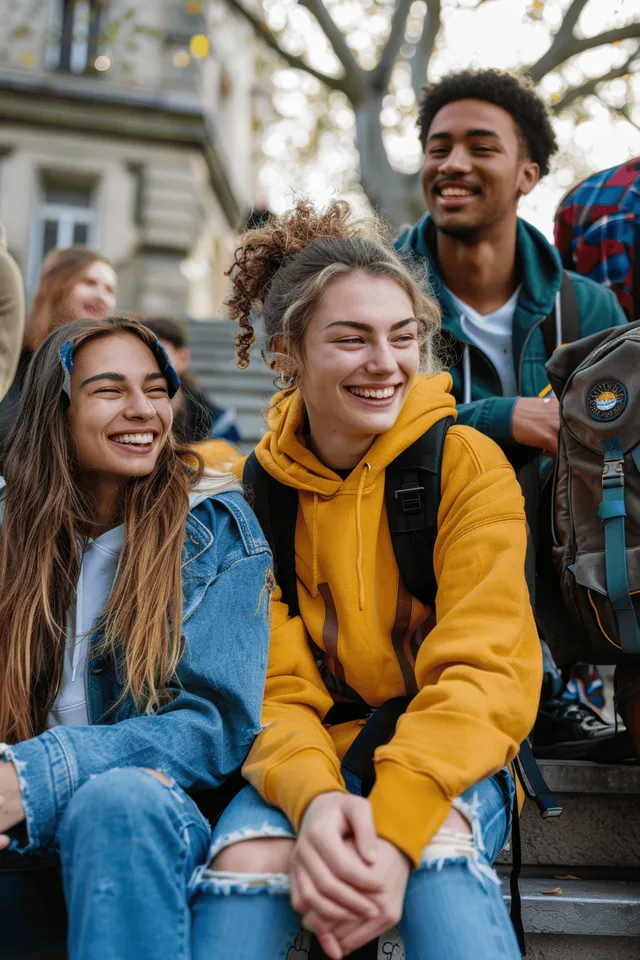 Diverse young friends sit on park steps, laughing and smiling with backpacks in an urban outdoor setting.