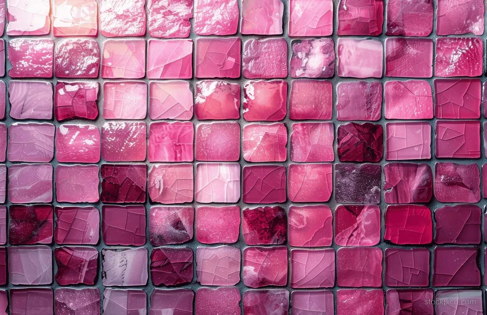 Close-up of pink and magenta mosaic ceramic tiles on a wall with glossy grout grid pattern.