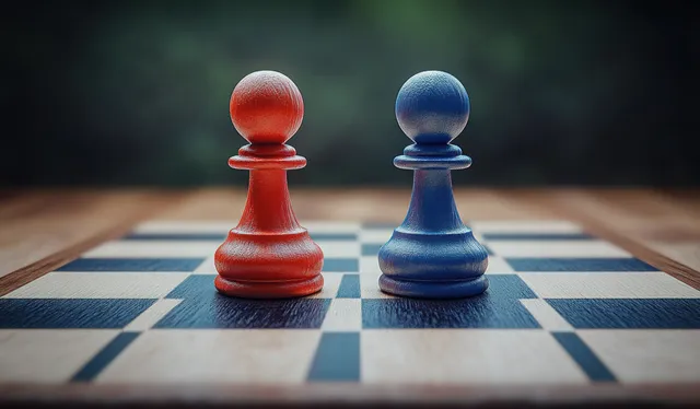 Red and blue chess king pieces facing off on checkered board, tense strategic conflict