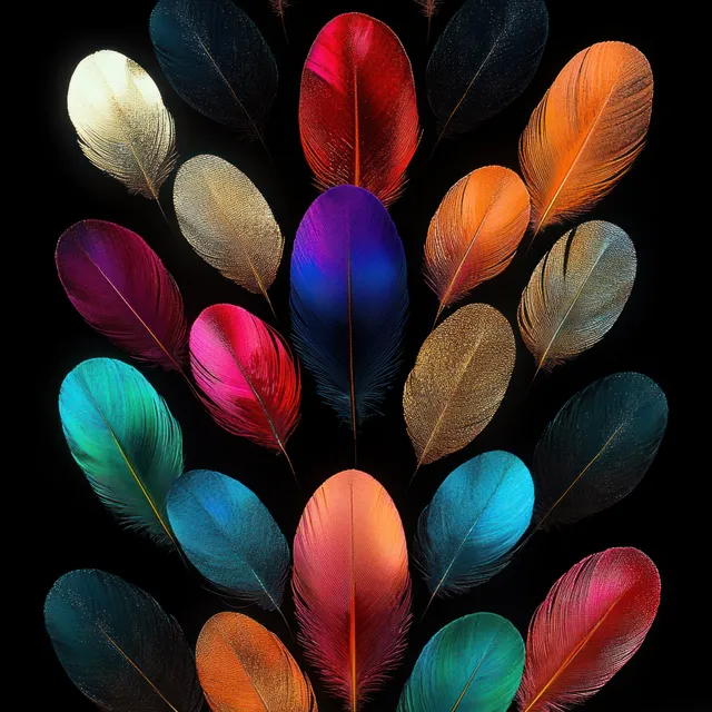Layered multicolored feathers arranged on a black background with glowing highlights and rich texture.