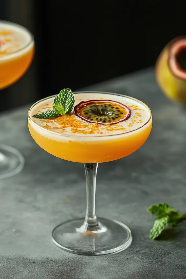 Orange cocktail in a coupe glass with passion fruit slice and mint on gray background