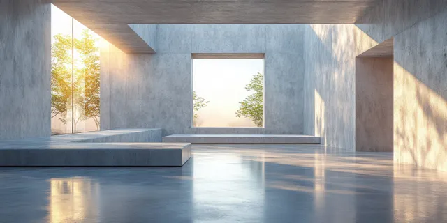 Empty concrete room with a large window where soft sunlight casts shadows across the grey floor.