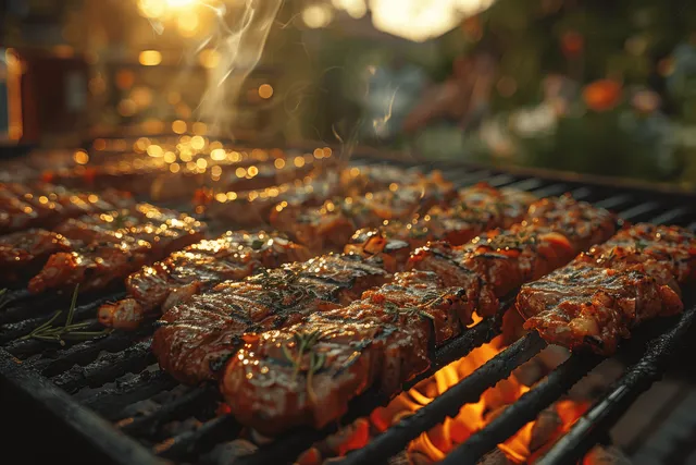 Meat skewers sizzle on a barbecue grill with smoke rising under a warm sunset light.