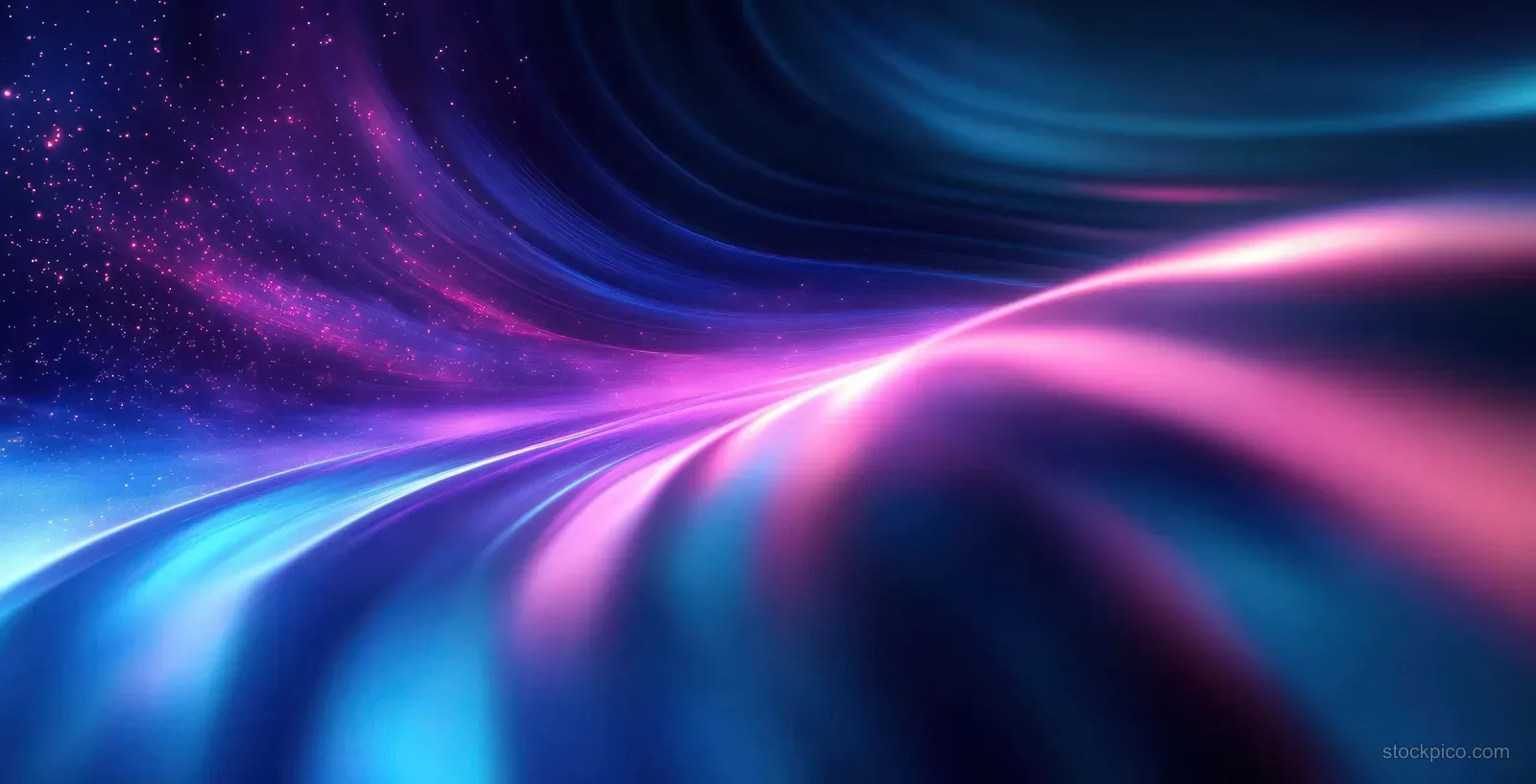 Abstract neon light waves streak into a glowing purple and blue focal point over a dark space background.