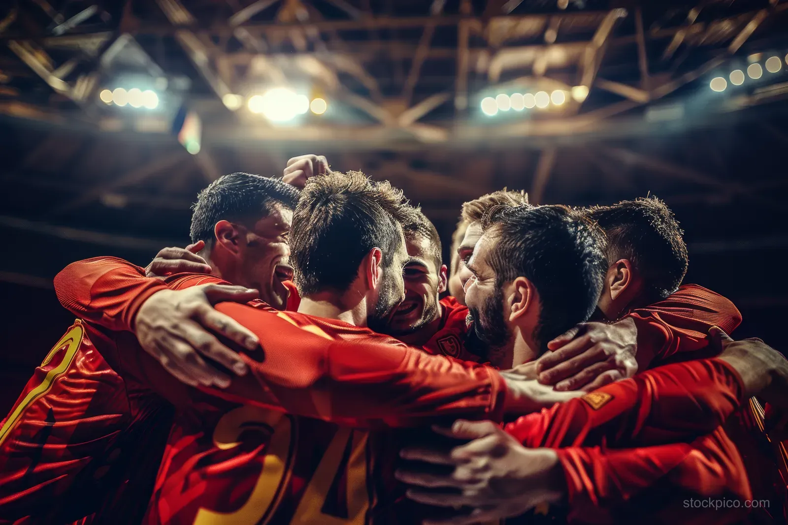 Spanish handball players in red kits huddle together, celebrating victory under stadium lights.
