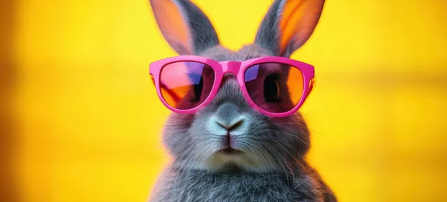 Fluffy rabbit with pink sunglasses centered against a bright yellow background for an Easter greeting.