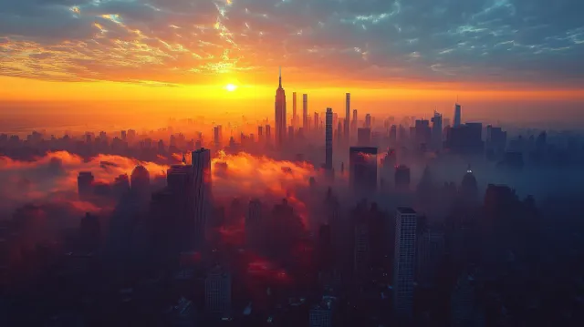 Skyscrapers rise from colorful morning fog as sunrise light breaks through dramatic clouds over a city skyline.
