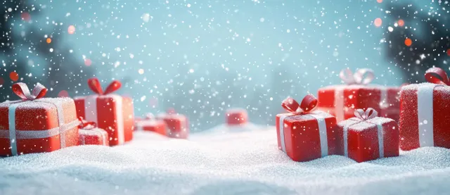 Wrapped Christmas gifts on sparkling snow with blurred holiday lights and falling snowflakes in the background.