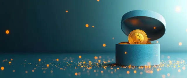 A gold coin floats above an open blue gift box with golden confetti and light sparkles.