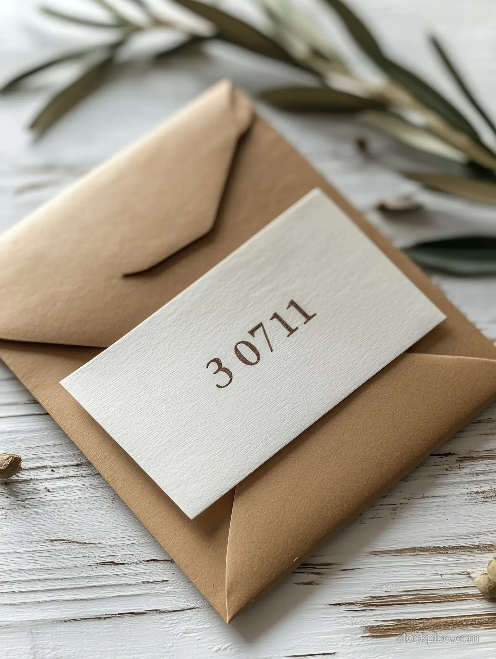 Wedding place card and brown envelope on rustic wood with olive branches in soft light.