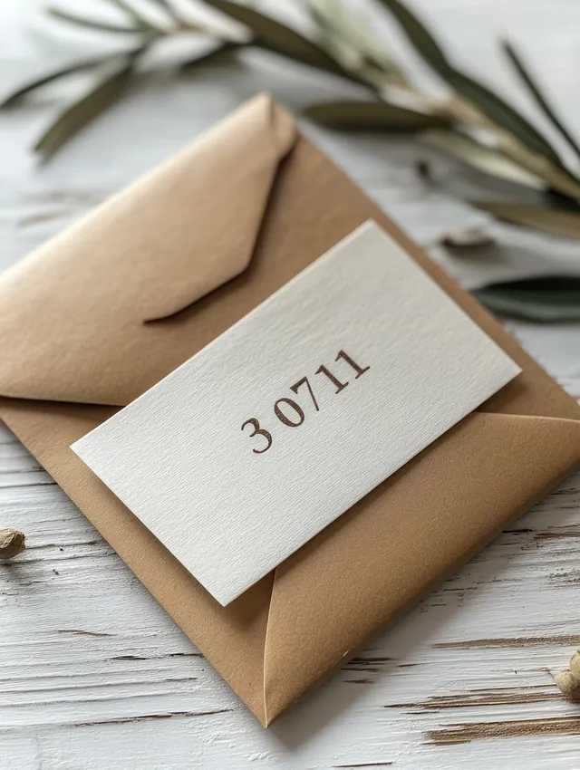Wedding place card and brown envelope on rustic wood with olive branches in soft light.