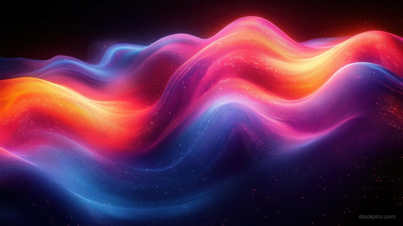 Neon iridescent wave ribbons glow across a dark gradient background with flowing light trails.