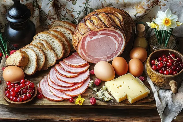 Rustic wooden breakfast board with sliced ham, cheese, eggs, bread, red berries, and a small flower arrangement.