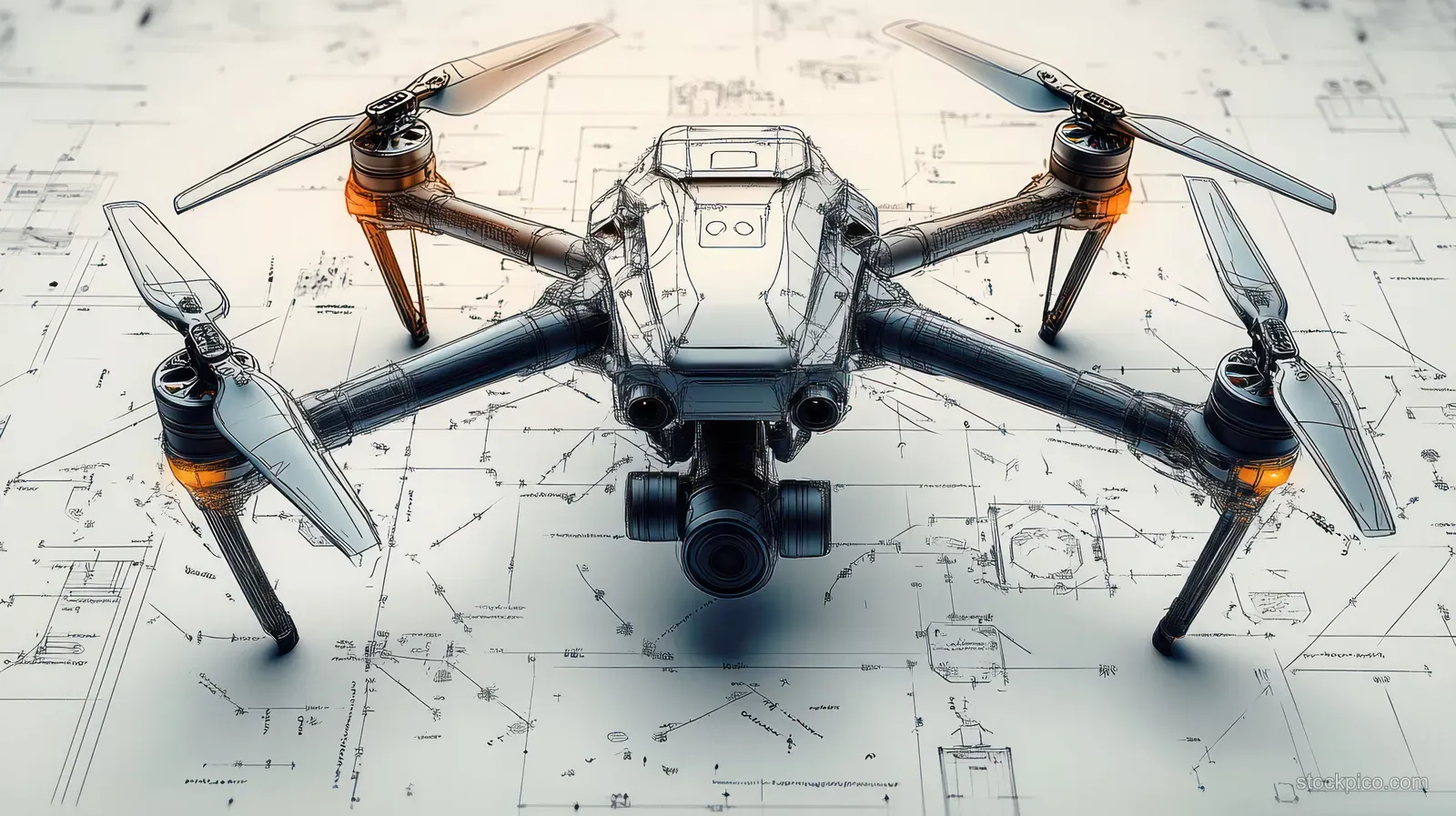 Isometric drone illustration placed over an engineering blueprint with technical lines and drafting marks.
