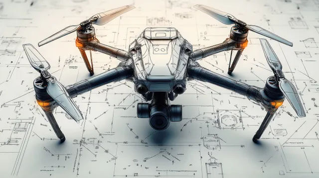Isometric drone illustration placed over an engineering blueprint with technical lines and drafting marks.