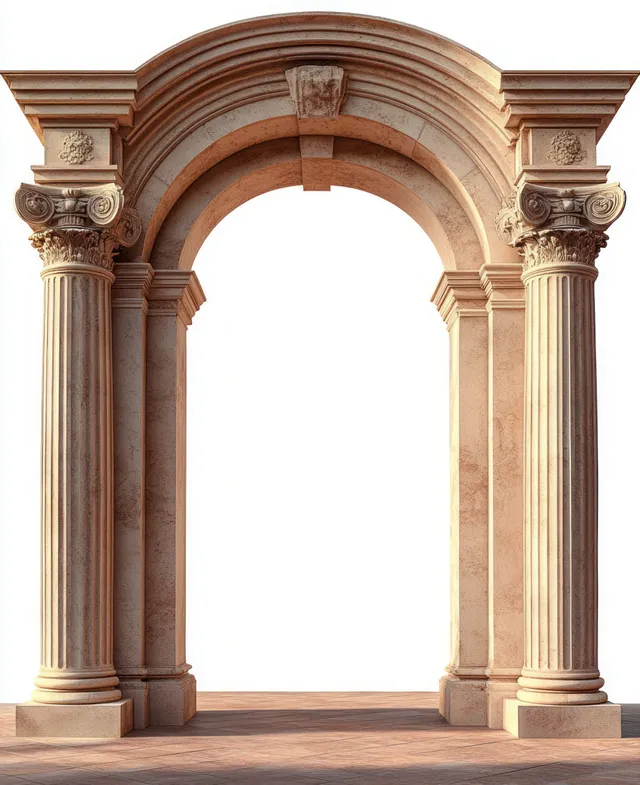Ornate stone archway with two fluted columns and carved capitals standing on a tiled floor.