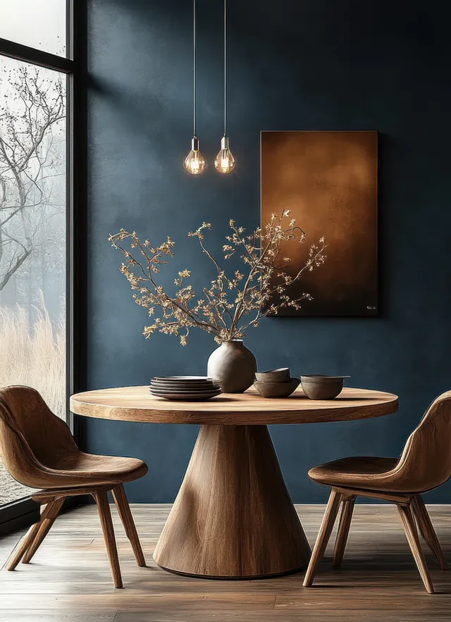 Round wooden dining table with brown leather chairs in a dark blue room under warm pendant lights.