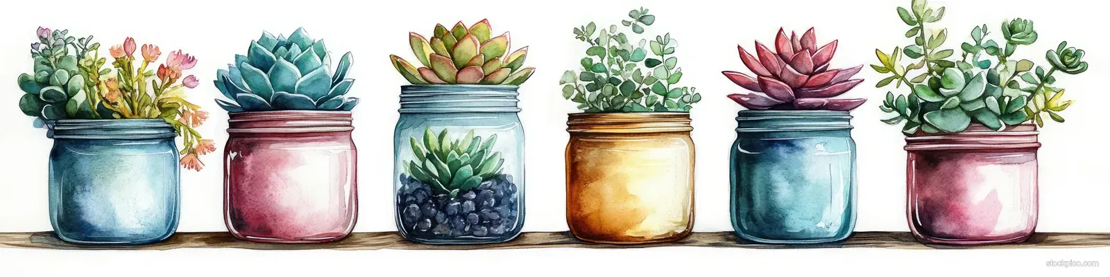 Seven colorful succulents in glass jars arranged in a row on a wooden surface in a watercolor style.