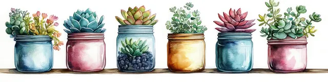 Watercolor row of seven glass jars with colorful succulents on a wooden tabletop