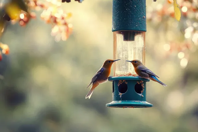 Two small birds cling to a green bird feeder feeding while warm sunlight bokeh blurs the background.