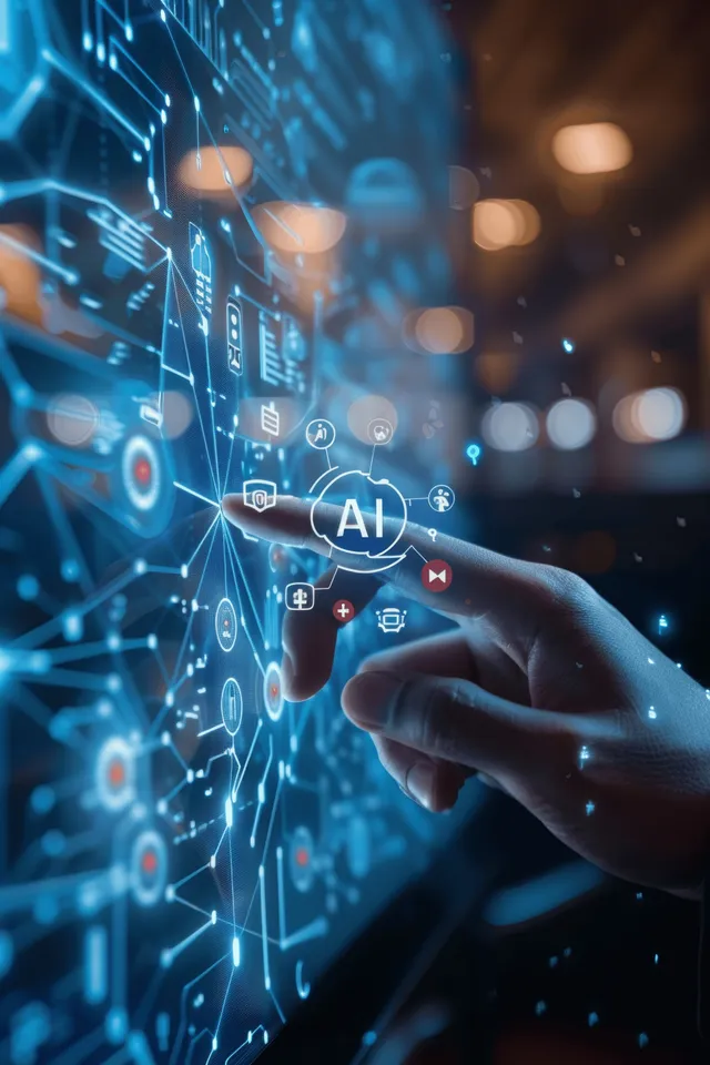 Hand hovering over glowing AI interface with data network symbols on digital screen background